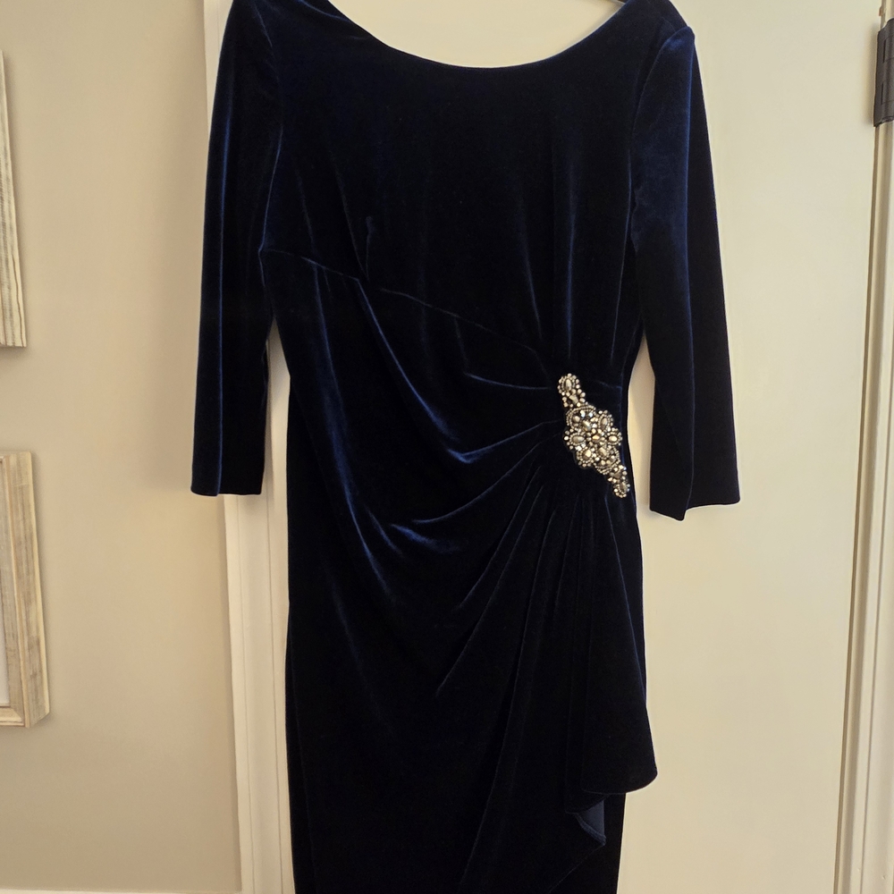 Alex Evenings Midnight Blue Velvet Dress with Jewel Accent